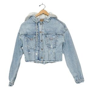 American Eagle Distressed Hooded Crop Denim Jean Jacket XS